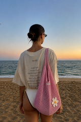 Sac crochet rose The Sunny Bag LOUNAILS avec marguerite brodée