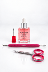 Kit Cuticules Parfaites LOUNAILS : huile cuticule parfum pêche, embout cuticule, repousse cuticule et ciseau cuticule