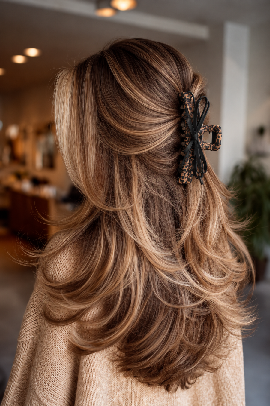 Pince à cheveux griffe LOUNAILS enrobée de tissu léopard avec nœud et liens satinés noirs sur cheveux châtain