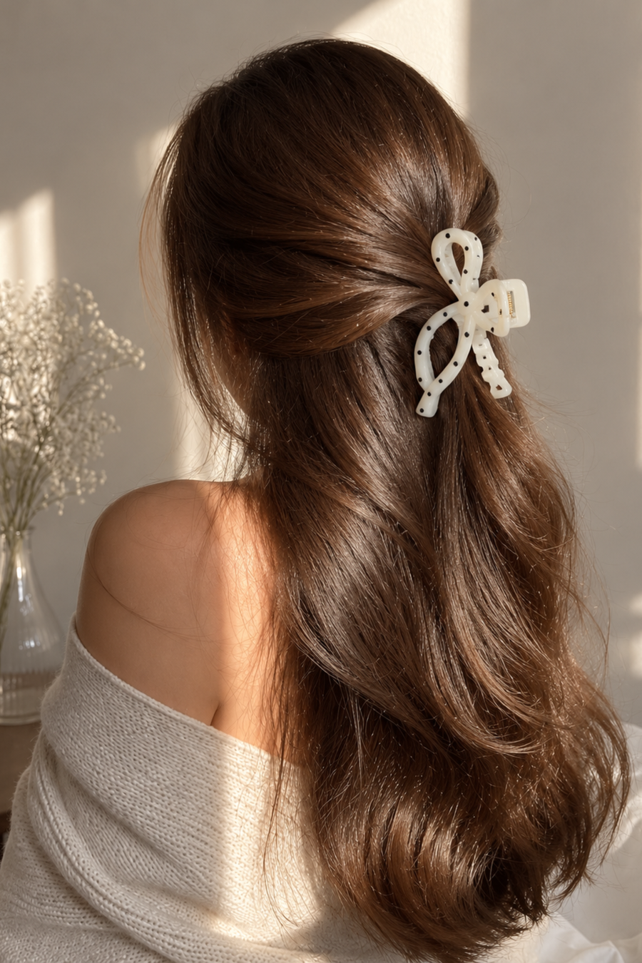 Pince griffe LOUNAILS forme nœud blanche à pois noirs, portée sur cheveux bruns